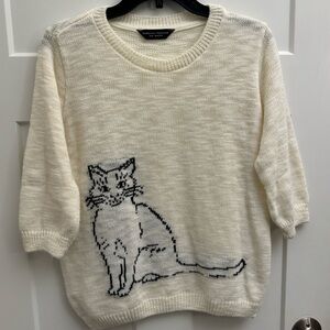 Dorothy Perkins Cream Ivory Cat Sweater Women’s Sz 10 Medium, rhinestone design